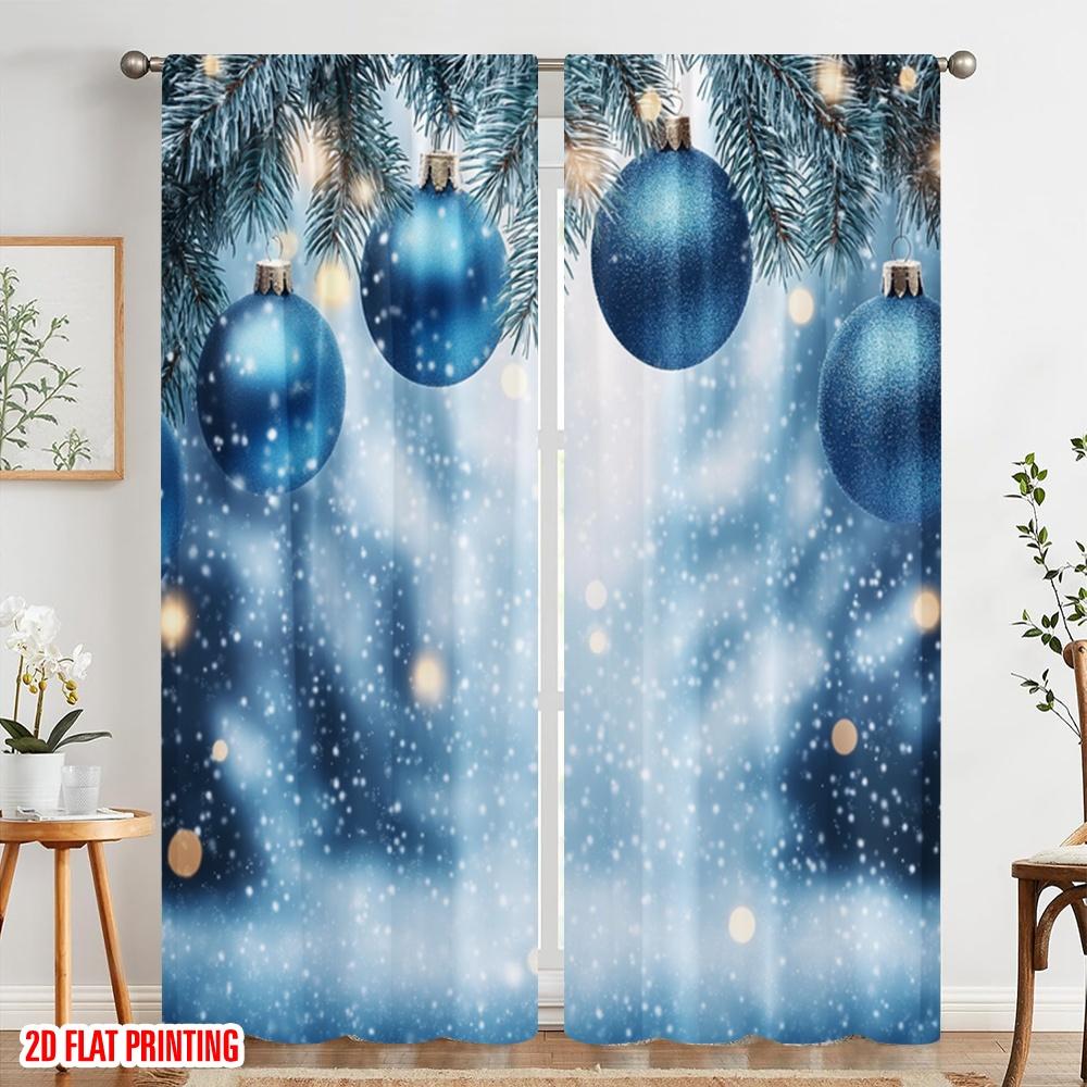 2 Stück, 2D-Flachdruck Vorhänge Digitaldruck Blaue Weihnachtsornamente Schnee Vielseitiger Polyesterstoff (ohne Stange)