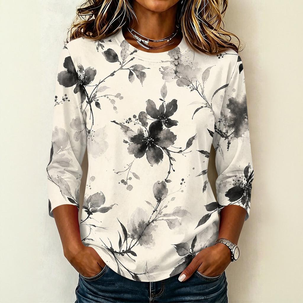 Women Casual Round Neck 3/4 Sleeve Floral Print T Shirt Lightweight Comfortable Soft Fabric Top for Everyday Wear