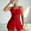 Einfarbiger Raff-Spitzen-Tankini mit Gaze-Rock, Einteiler, Dünner Konservativer Badeanzug, Heißer Verkauf