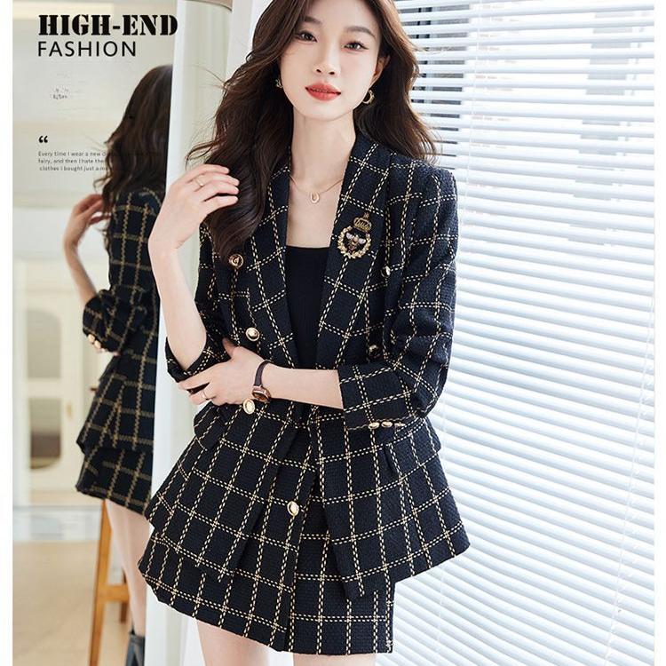 Elegant Lady White Suit Jacket and Skirt Two-piece Set for Spring, Double-breasted Casual Wear Clothes