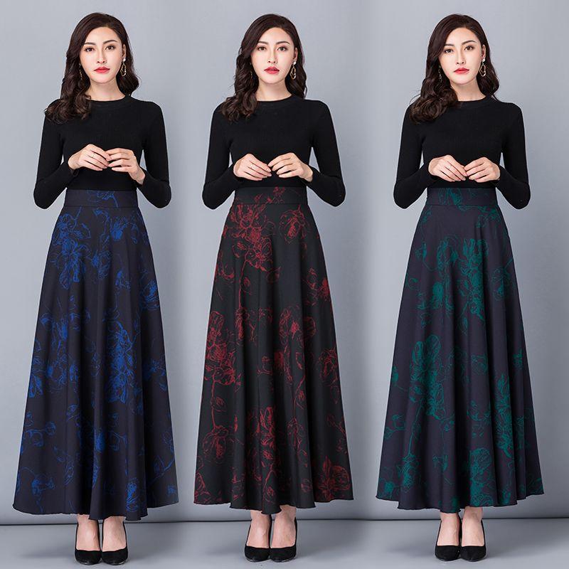 Herbst- und Winterrock Damen Ethnischer Stil Druck Hoher Bund A-Linie Rock Mittellang Großer Schwingender Rock Tanzender Winterrock