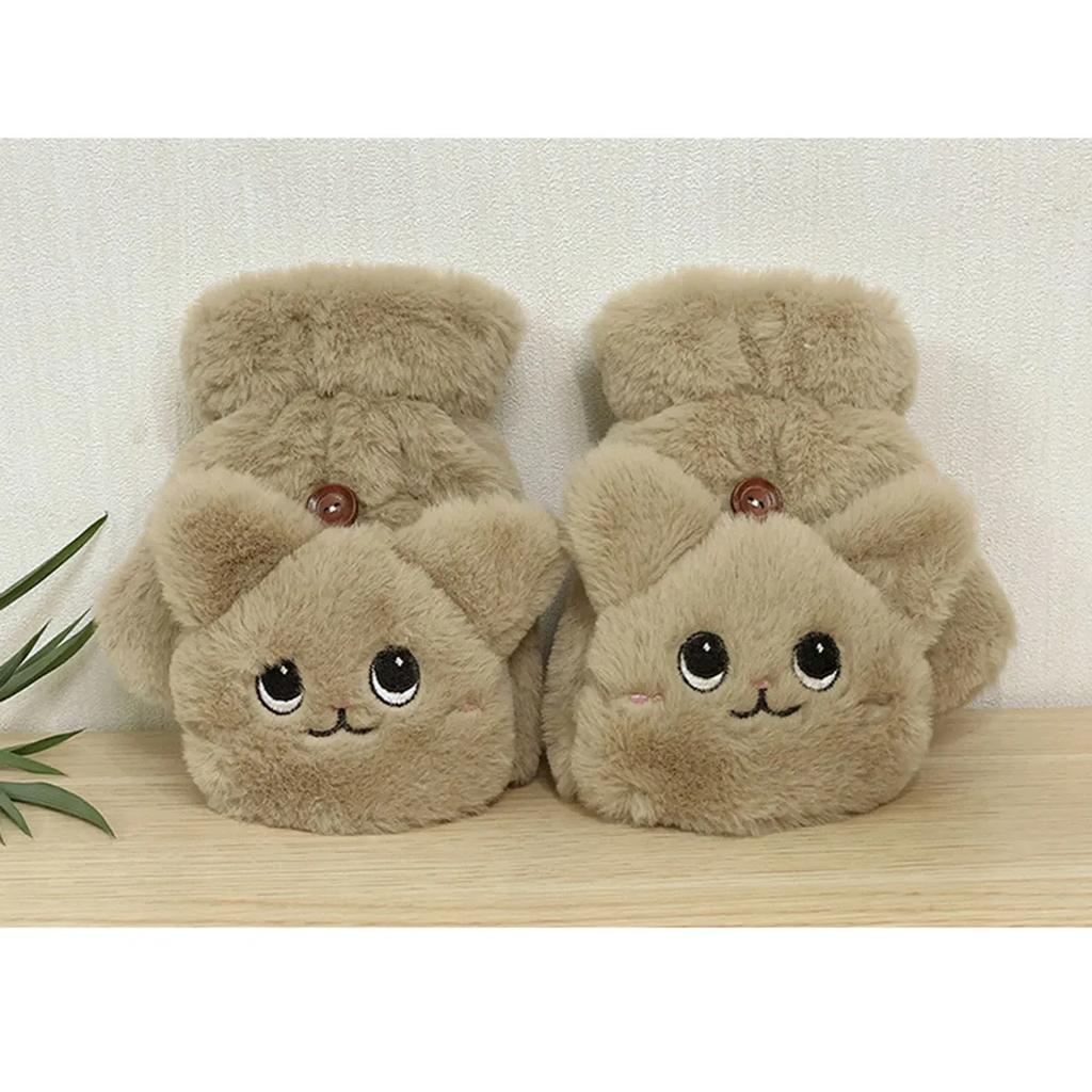 Plush Cartoon Cat Cute Half Finger Flip Gloves, Warm And Thick Keyboard Gloves For Women In Winter
