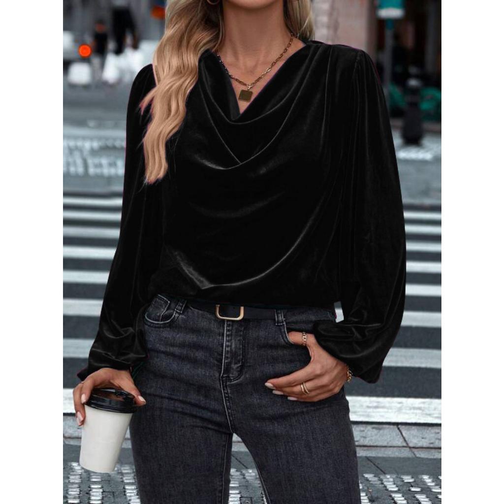 Fall Winter New Women's Long Sleeve Top, Slouchy Cowl Neck Velvet Blouse, Casual Clothing for Women European American Size