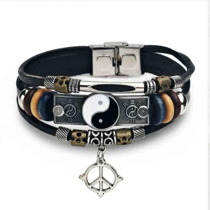 Tai Chi Bagua Retro Leather Bracelet Multi-layer Beaded Bracelet for Men