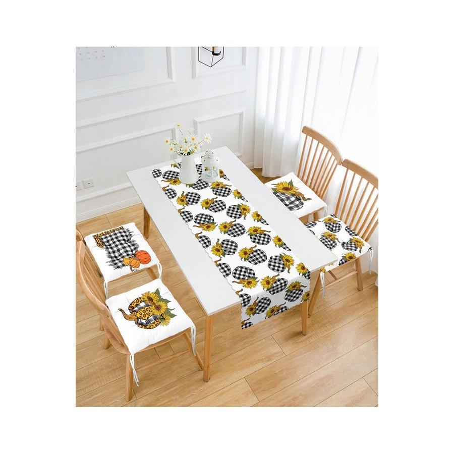 Chair Cushion Set / Digital Printed 4 Pieces 40×40cm Square Chair Pillows and 1 Piece Runner