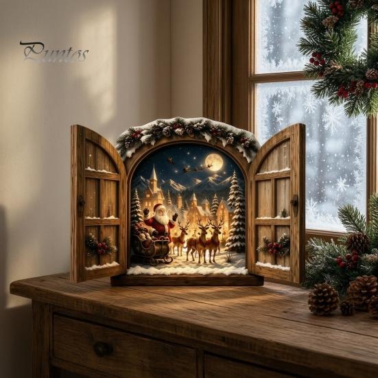Christmas Gift for Family Santa Claus Window Light, 3D Lighted Wall Decor, Warm LED Reindeer Snowy Decoration Village Scene, USB Powered Holiday