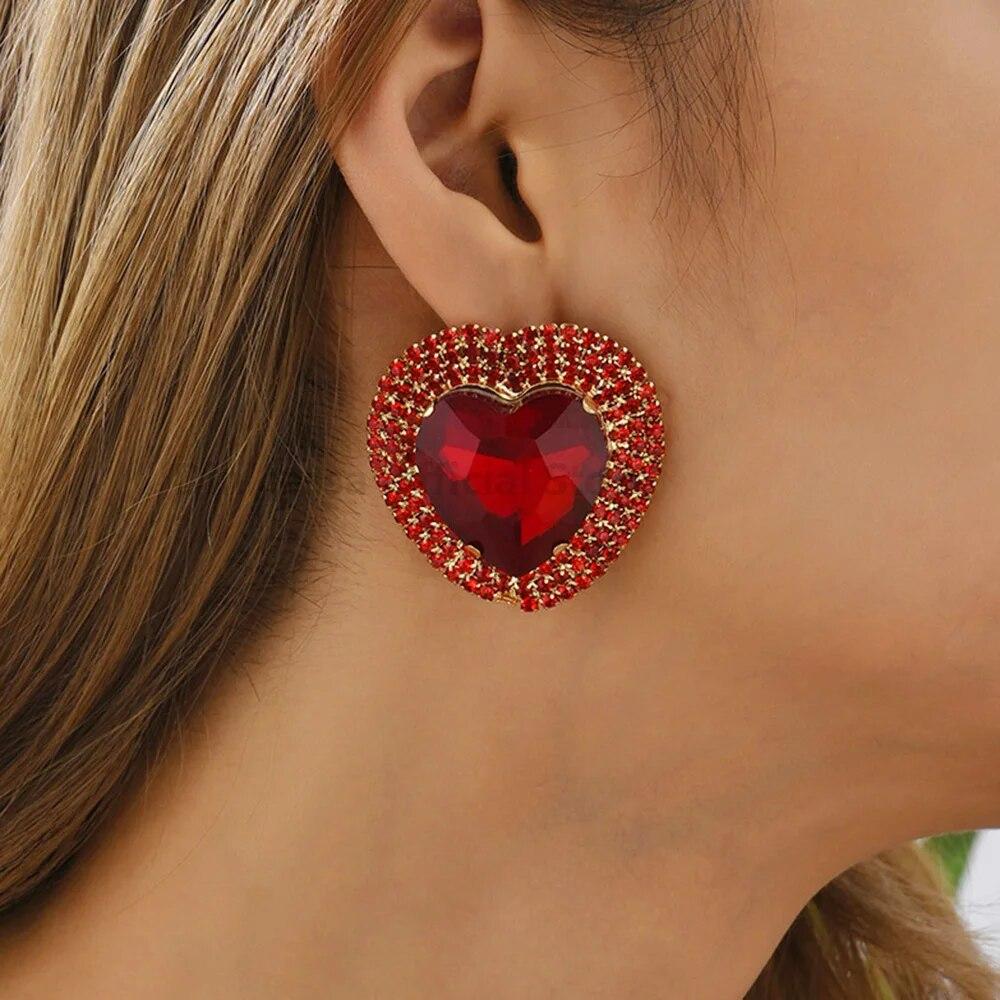 Heart Shiny Glass Charm Decor Bride Big Stud Earrings For Women Trend Luxury Fairy Romantic Wedding Party Jewelry Accessories