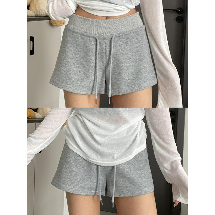 Pure cotton Chinese cotton composite milk silk, sports shorts women s summer drawstring high waist American casual pants home hot pants S серый