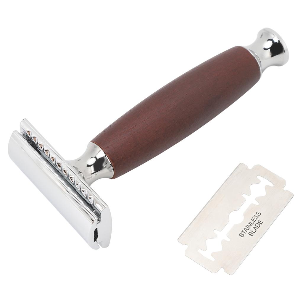 Double Edge Shaving Kit Alloy Non Slip Wooden Handle Safety Reusable Manual Shaving Kit with Stand