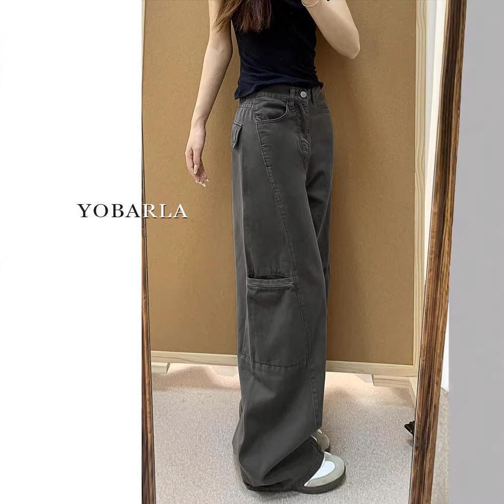 

Women s Plus Size Gray Wide-Leg Denim Overalls for Spring - Slimming, Loose Fit, Straight Leg Pants M