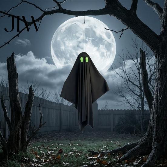 Outdoor Hanging Ghost Halloween Decoration, Spooky Black Fabric with Green Hallway Decor Eyes for Outside Tree, Porch, Yard, Lawn, Haunted House
