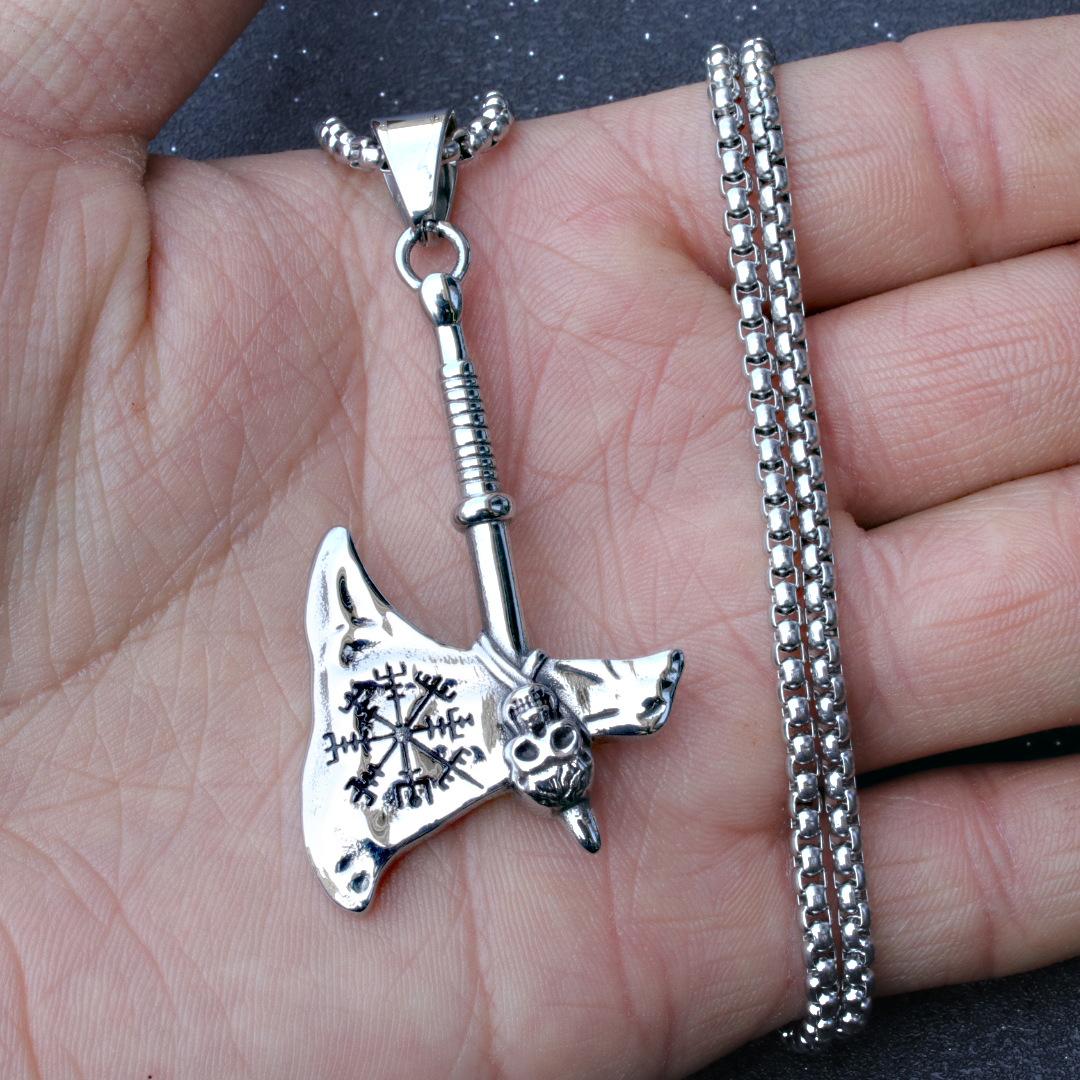 Nordic Viking Ax Titanium Steel Pendant Skull Ax Necklace 60CM