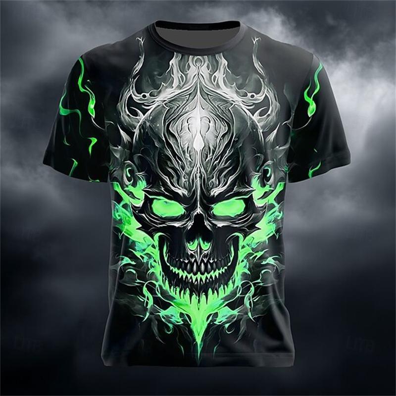 T-shirt da uomo con stampa teschio horror, estate, girocollo, manica corta, alla moda, vestibilità larga, abbigliamento streetwear vintage da uomo