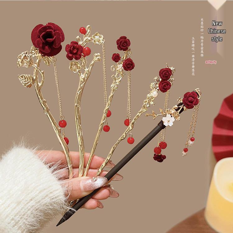 Elegant Red Rose Tassel Hairpin - U-shaped Hair Accessory for Women, Perfect for Updos and Traditional Attire.