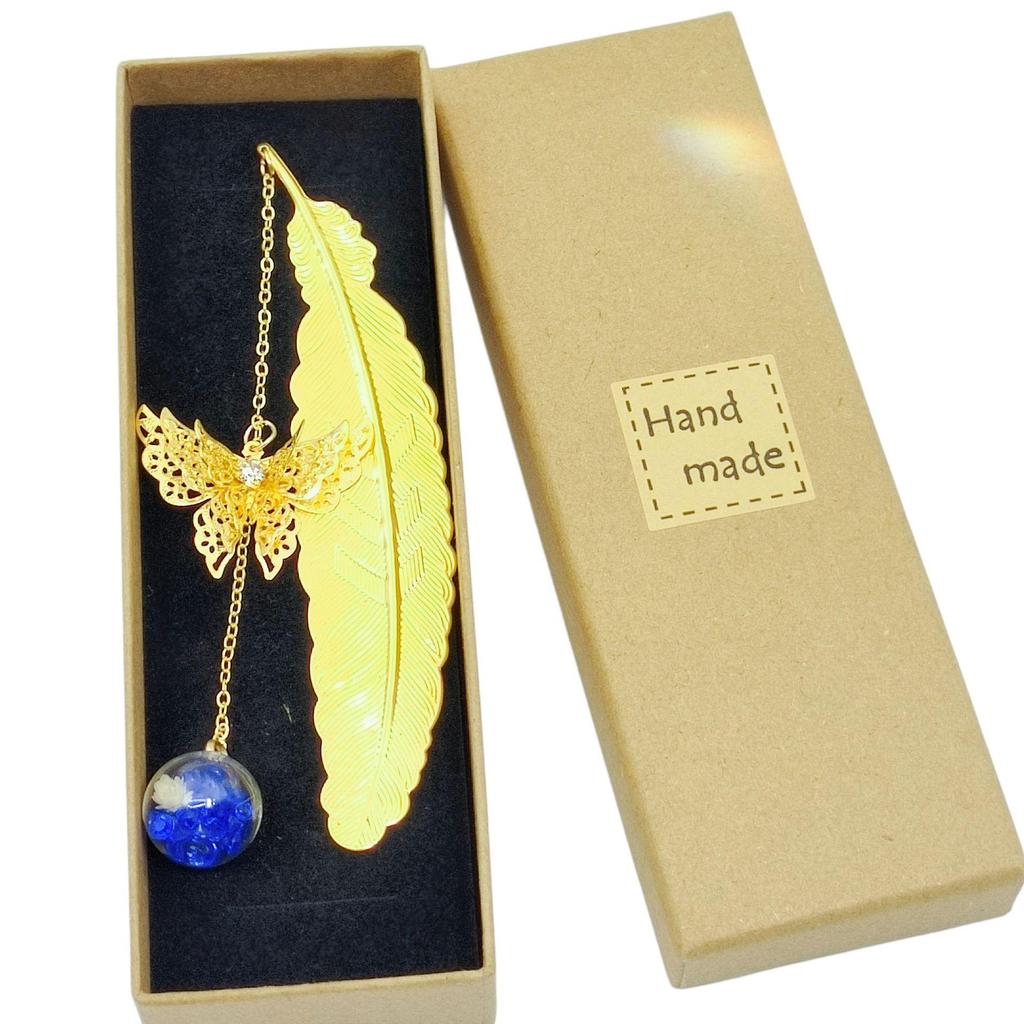 Chinese Style Dried Flower Bookmark with Feather, Metal Butterfly & Tassel - Ideal Teacher's Day Gift