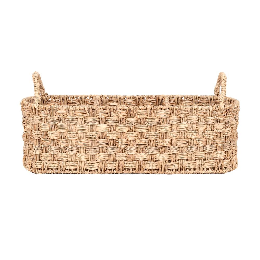 Beige Oval Rattan Utensil Caddy Metal Frame Divided Basket Kitchen Dining Outdoor Storage Condiment Holder Home Organization