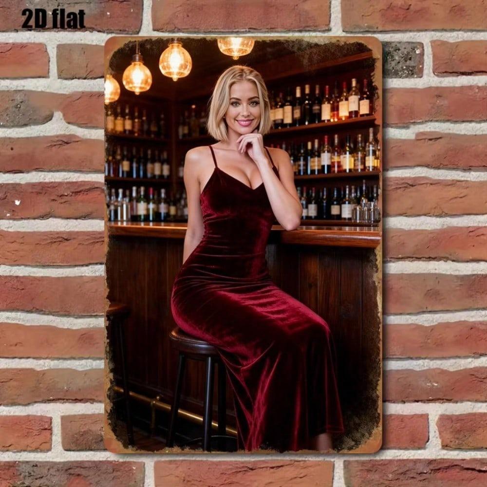 Vintage Metal Poster Woman Wine Bottle Retro Bar Wall Decor 8x12 Inch