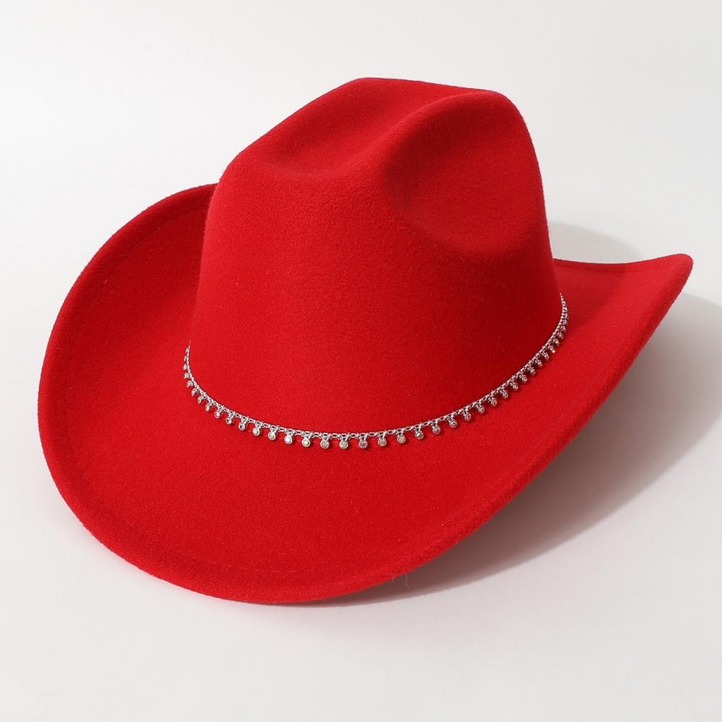 New European and American style flat-top woolen hat, western cowboy hat, unisex hat, equestrian hat with single row of rhinestones