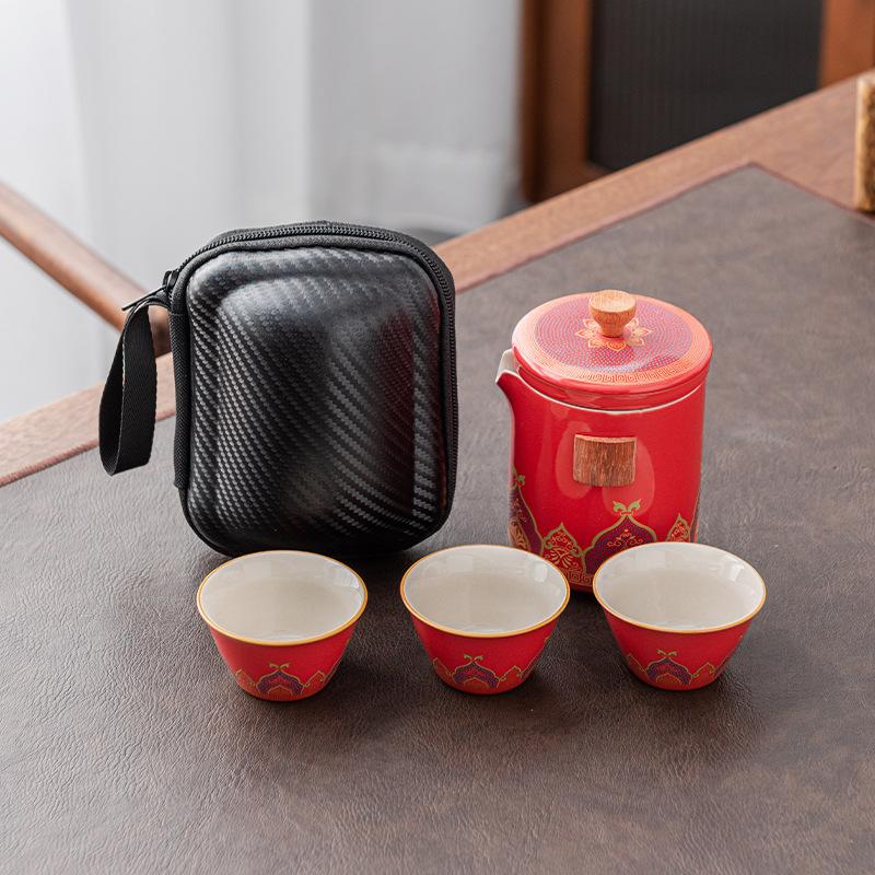 

Ceramic express cup, one pot, three cups, high-end travel tea set, teapot teacup, ancient rhyme and Guochao gifts.