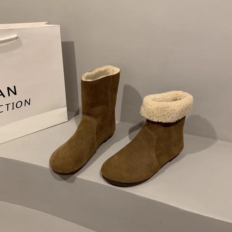 

Ретро женские ботинки Высокие женские туфли Зимняя женская обувь Плюшевые короткие ботинки Женские с круглым носком Модные замшевые ботинки Ботас 35