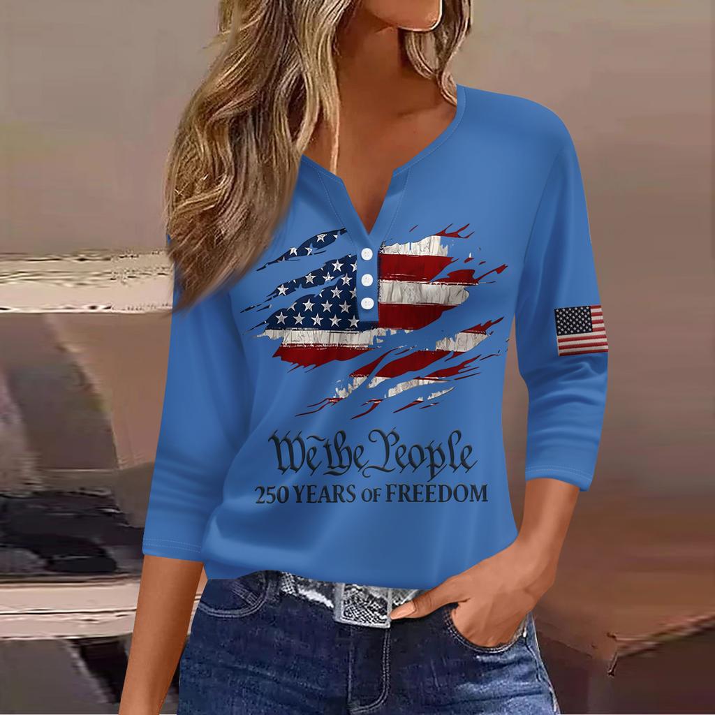 Women's T Shirt Independence Day Print Button 3/4 Sleeve Daily Weekend Fashion Basic V- Neck Regular Top