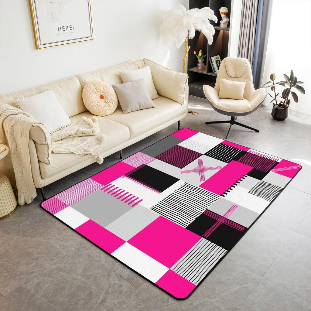 Modern Abstract Curve Print Area Rug, Black Pink & White Design Non-Slip Floor Mat for Living Room Bedroom Home Decor Carpet