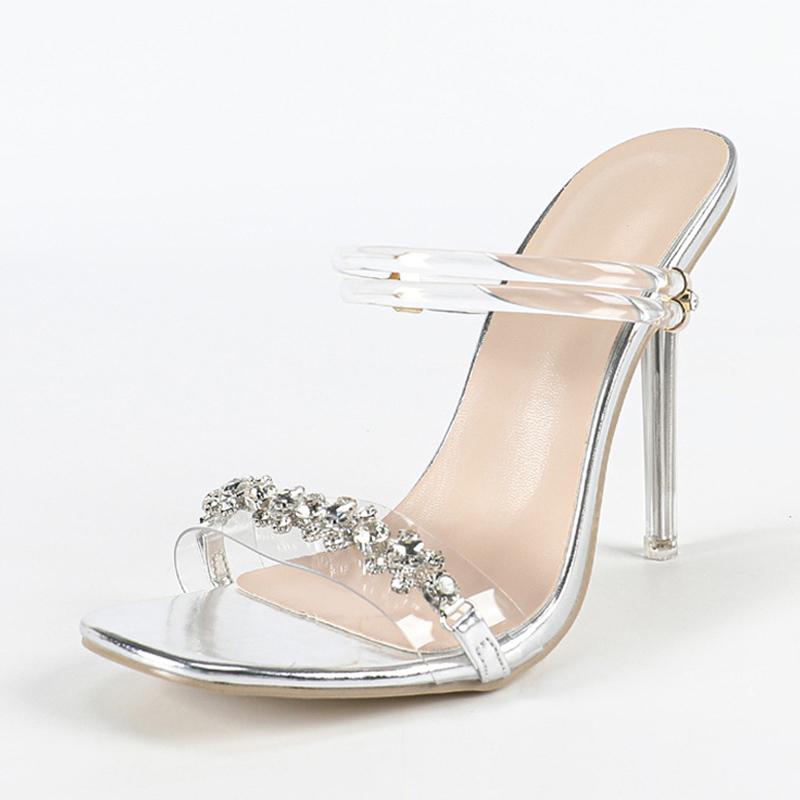 

Модные прозрачные ПВХ сандалии Liyke для женщин, с хрустальной цепочкой из страз, квадратным носком, прозрачным каблуком из плексигласа, шлепанцы, женская обувь, серебристые 35 серебряный