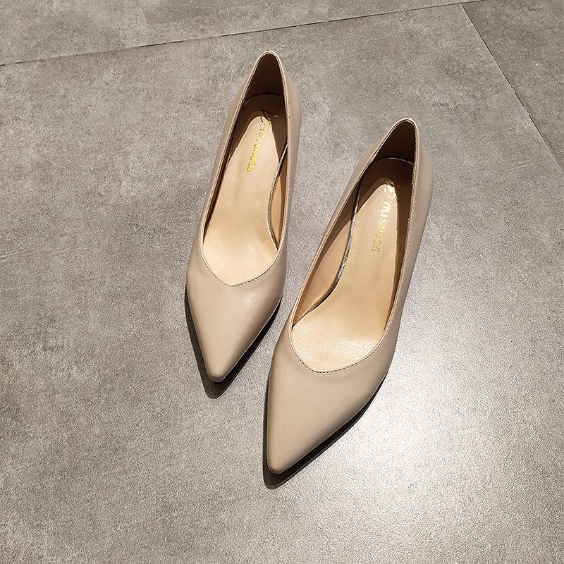 Fashion Korean All Match Fashion Work Shoes Woman Pointed Toe Shallow Brief Office Ladies Pumps Slip On Solid Leather Thin High Heels