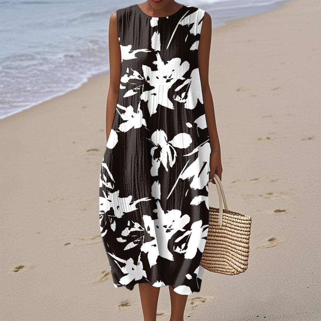 Women's Fashion Casual Sleeveless Round Neck Floral Elegant Temperament Dress