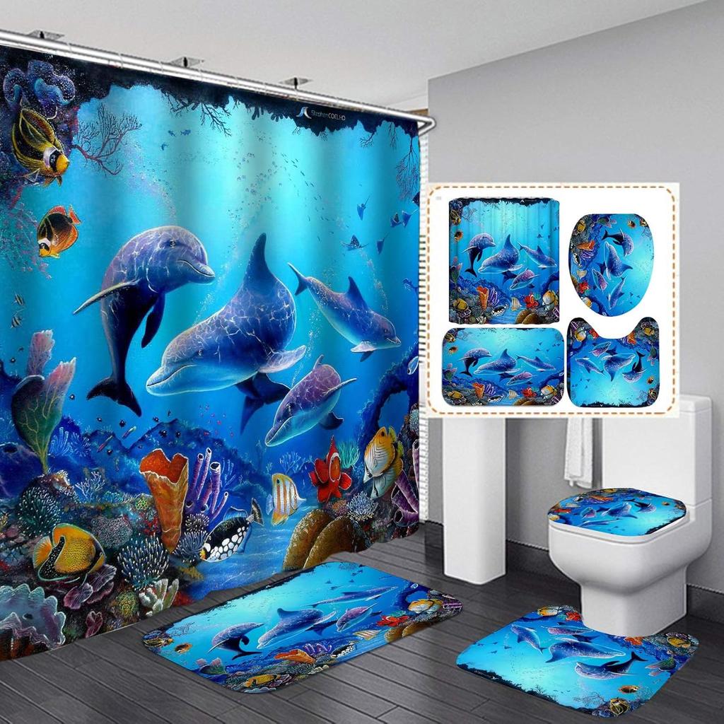 Dolphin Bathroom Decor Waterproof Shower Curtain Set Toilet Seat Cover Non-Slip Bath Mat Rug Carpet Polyester Fabric Washable