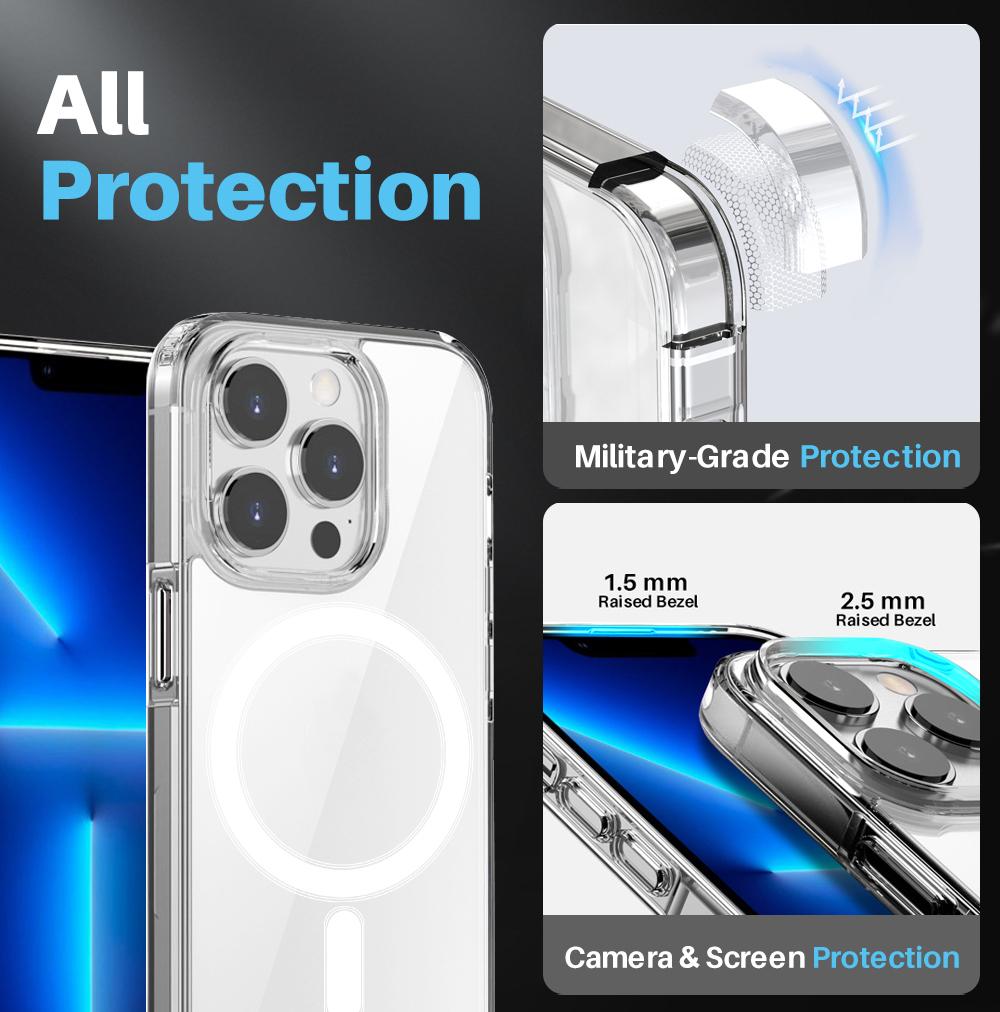 

NORTHJO For iPhone 13 Pro PC+TPU Clear Phone Case with Tempered Glass Film+Lens Protector,Compatible with MagSafe A