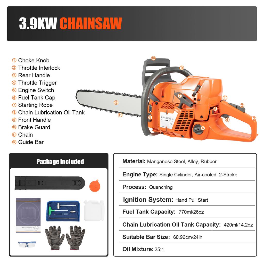 72CC Gas Chainsaw 3.9KW 24 inch 2-Stroke Handheld Cordless Orange Chain Saws for Wood Cut
