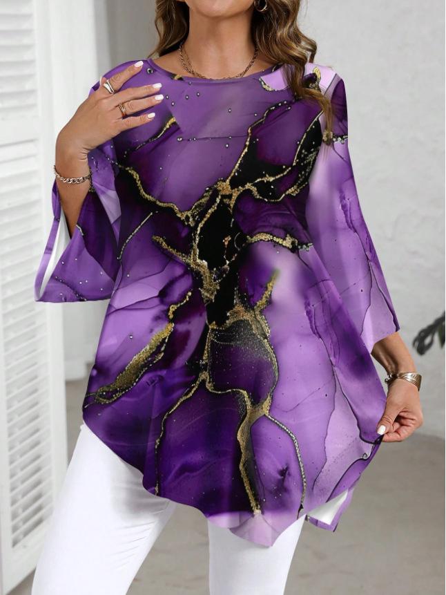 2025 New Fashion Marble Print Crew Neck Long Sleeve T-Shirt - Casual and Versatile