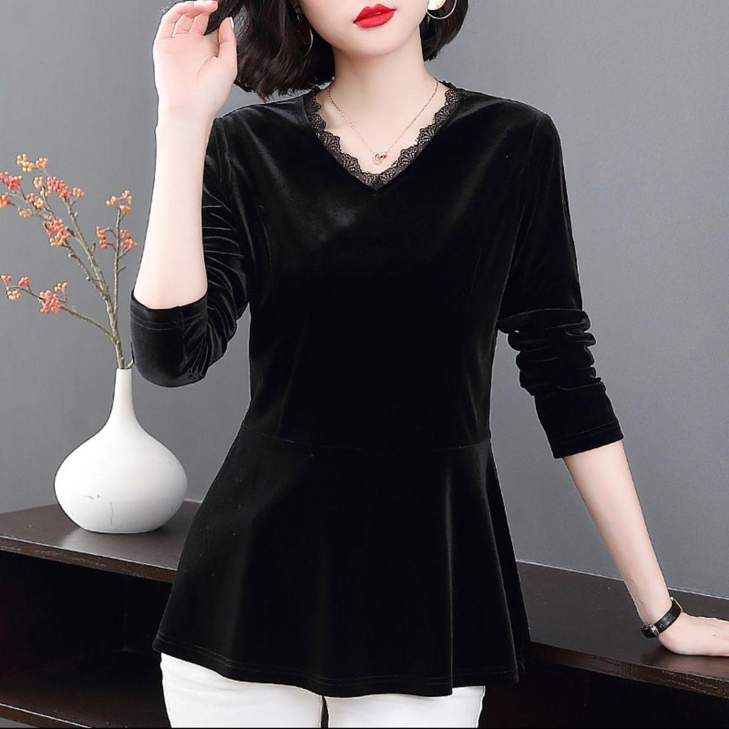 Plus Size Women's Stylish Velvet Lace Top for Spring & Autumn 2026
