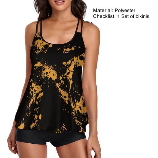 2Pcs/Set U-neck Sleeveless High Waist Lady Swimsuit Flower Leaves Print Top Tummy
