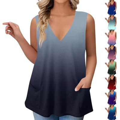 Damen V-Ausschnitt T-Shirt Weste Locker Mit Taschen T-Shirt Farbverlauf Gedrucktes Unterhemd