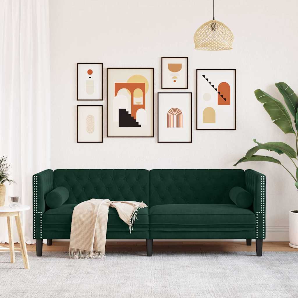 Vidaxl Chesterfield Sofa with Rollers, 3-Seater, Dark Green, Velvet