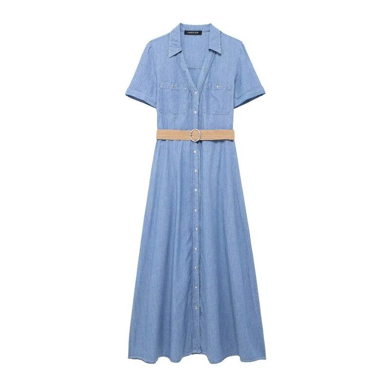 Fashion Style 2024 Summer New Women's Clothing with Belt Shirt Style Midi Skirt Dress Long Dress 7929052