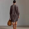 Dames Casual Retro Losse V-hals Jurk met Lange Mouwen en Suede-achtige Stof