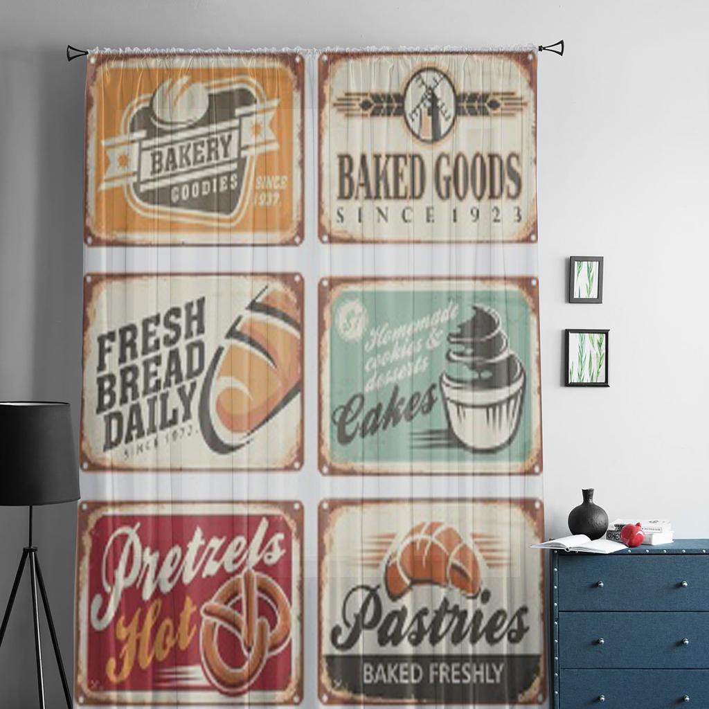 Collection Of Vintage Bakery Signs Tulle Sheer Curtains for Living Room Bedroom Kitchen Decoration Voile Organza Curtains