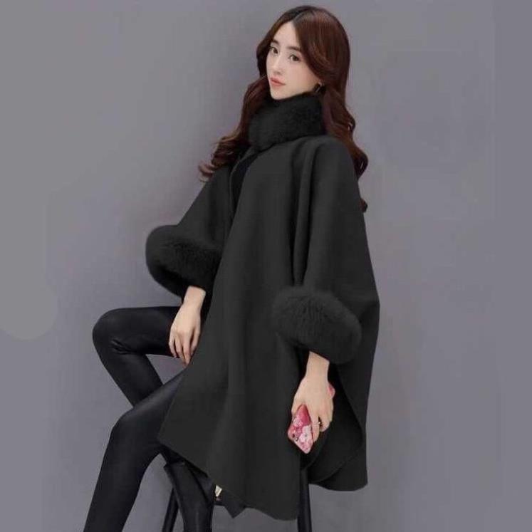 Women's Hepburn Style Wool Coat with Large Rabbit Fur Collar - Autumn/Winter Mid-Length Cape Shawl, Plus Size Available.