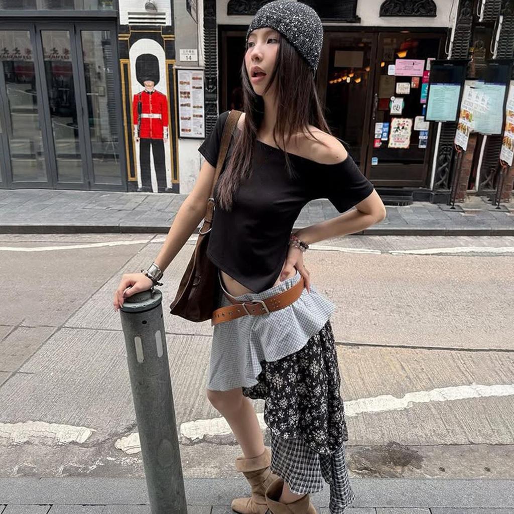 Y2K Style Plaid & Floral Low-Waist Ruffled Skirt