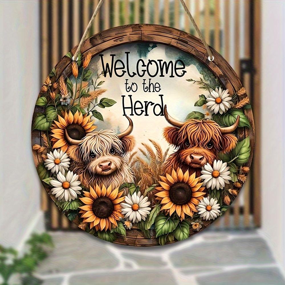 Sunflower & Highland Cow Wooden Hanging Sign - Farmhouse Welcome Door Decor for Indoor Outdoor Porch Housewarming Gift