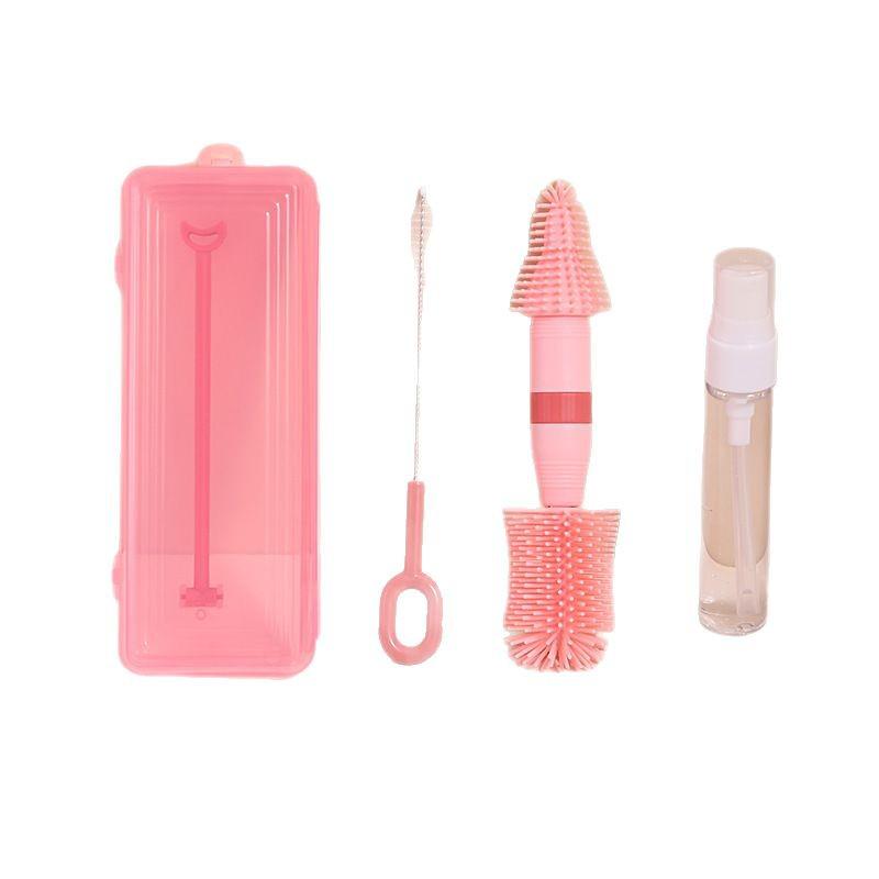 Portable Baby Bottle & Nipple Brush Set with Storage Box and Draining Rack for Travel