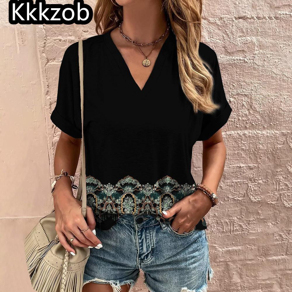 V-neck printed T-shirt floral shirt summer casual blouse fashion ladies clothing