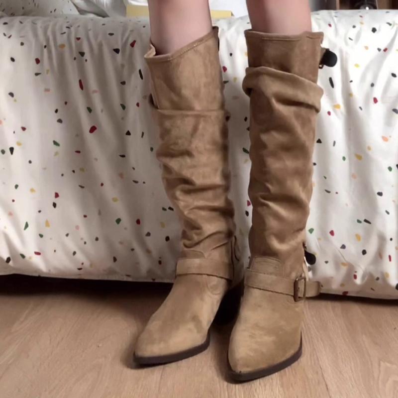 Fashion Pointed Toe Women High Boots Suede Designer Shoes Fashion Dress Chunky Boots 2025 New Trend Winter Knee High Chelsea Botas Mujer