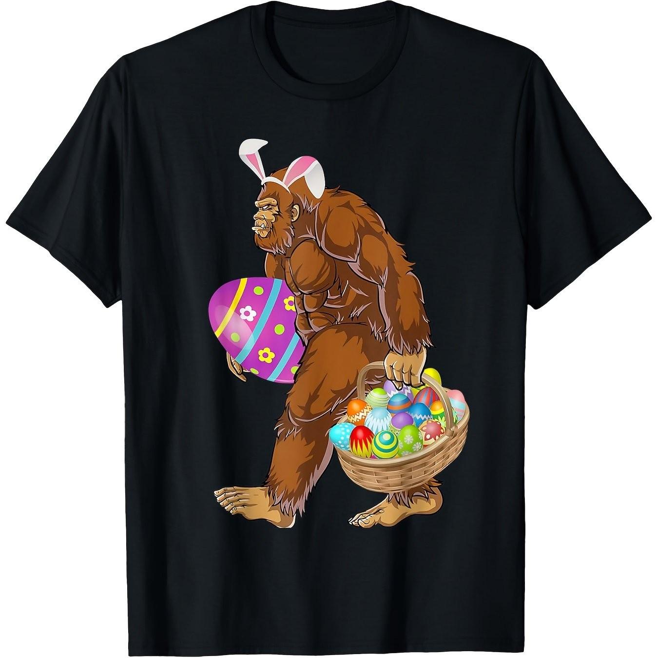 Bigfoot Easter Bunny Graphic Print Men s Cotton T-Shirt Casual Crew Neck Short Sleeve Tee S
