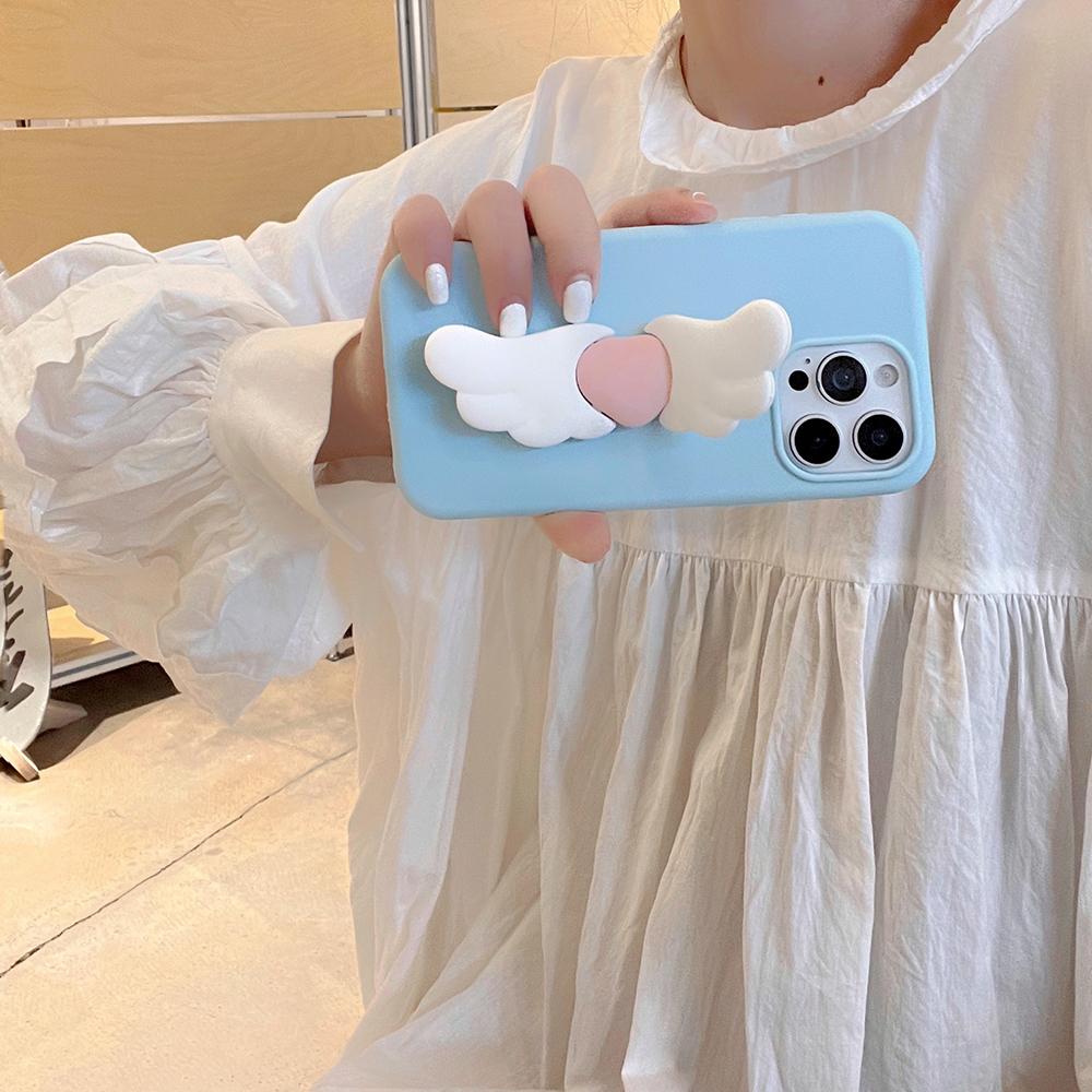 Kawaii 3D Angel Wings Soft Silicone Case With Stand Holder Cover for iPhone 16 15 14 Plus 13 12 Pro Max Phone Cases Capa
