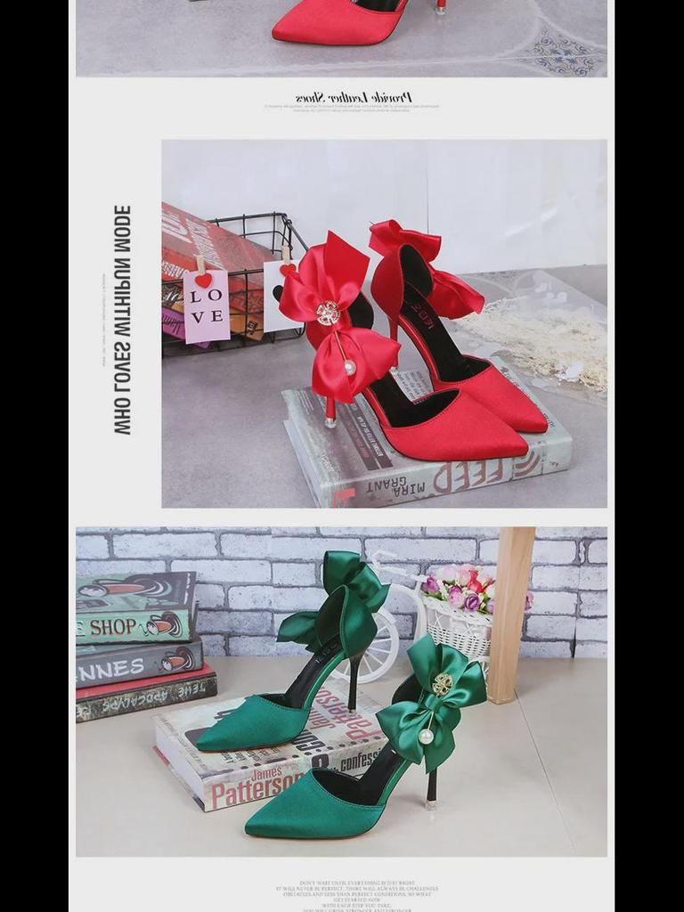 Rote High Heels für Damen im Sommer 2021 mit Schleife, Perle und Strassverzierungen für Partys und Hochzeiten