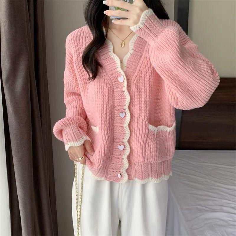

Spring Autumn Sweet Gentle Style Lazy High-end Sweater Coat Women s Long-sleeve Loose Cardigan S рожевий